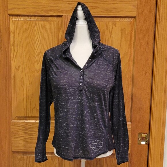 Harley-Davidson Black Burnout Henley Style Hoodie with Lace Inset on Sides  NEW - Picture 6 of 16